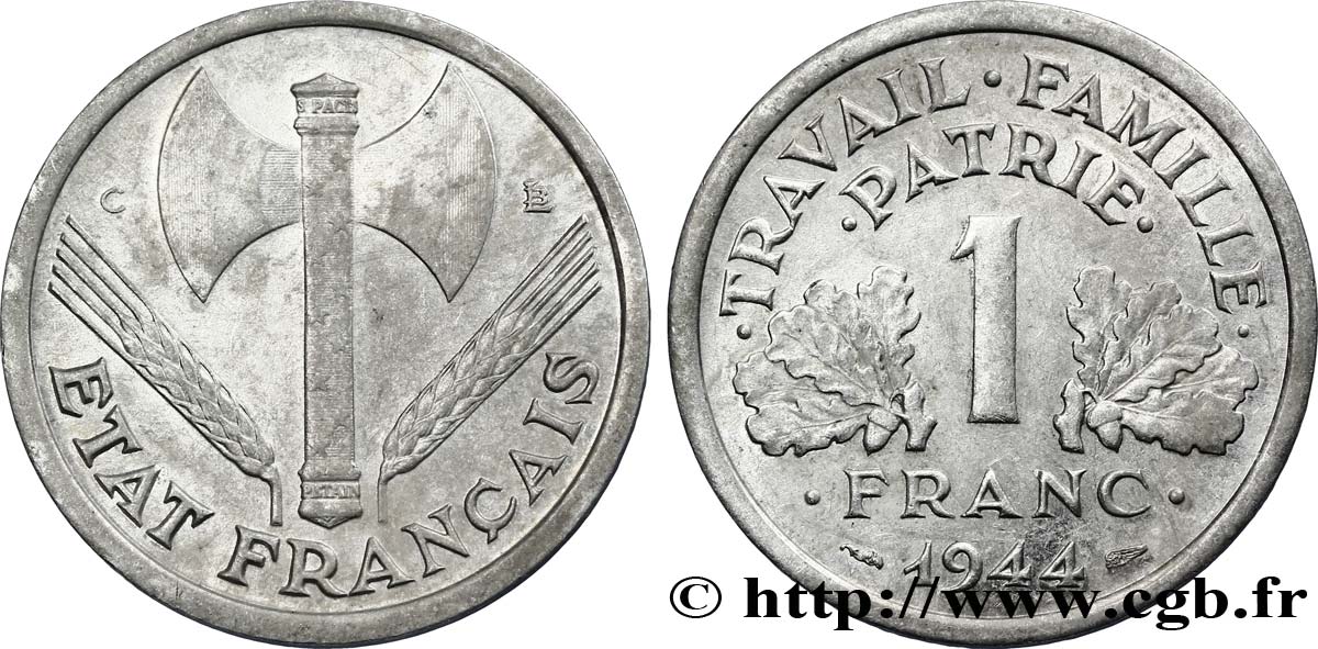 1 franc Francisque, légère 1944 Castelsarrasin F.223/7 MBC50 