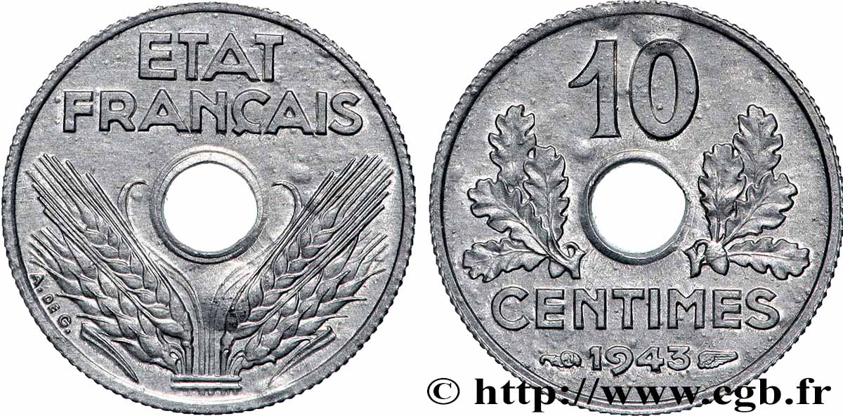 10 centimes État français, petit module 1943  F.142/2 MS 
