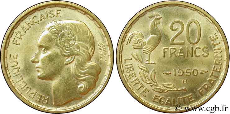 20 francs Georges Guiraud, 3 faucilles 1950 Beaumont-Le-Roger F.401/2 SPL55 