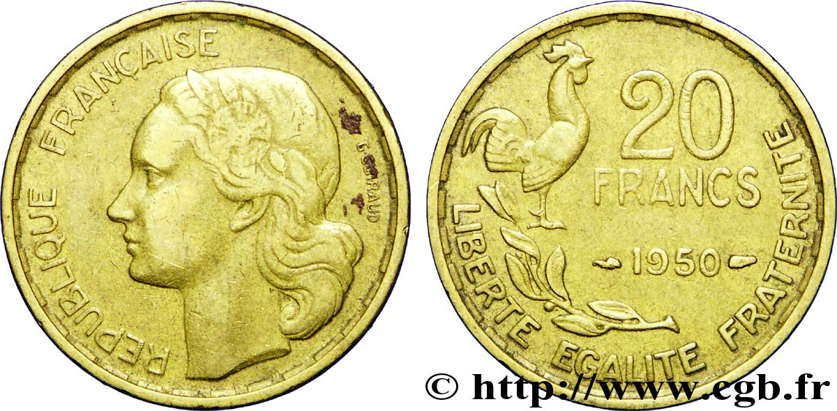 20 francs G. Guiraud, 3 faucilles 1950  F.402/2 TTB40 