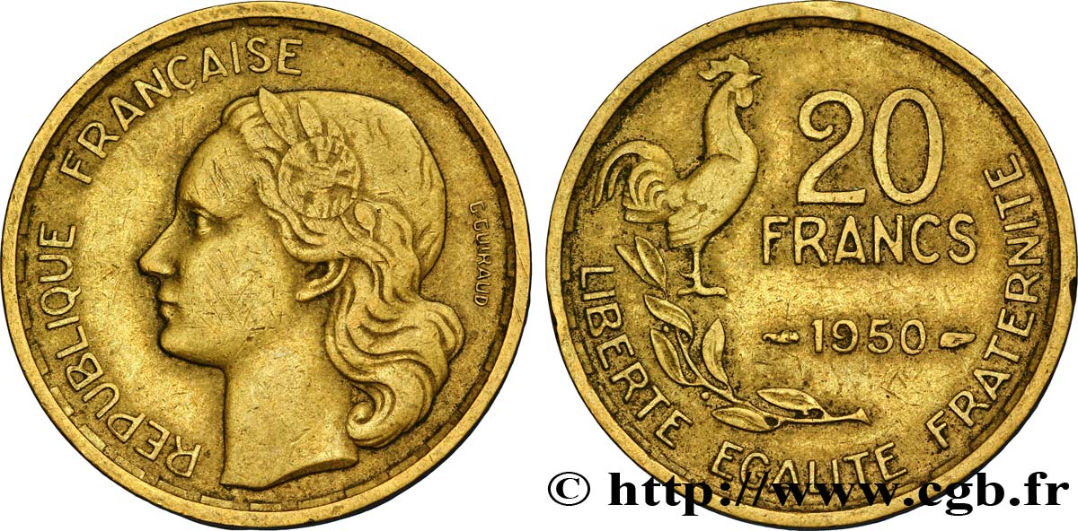 20 francs G. Guiraud, 4  faucilles 1950  F.402/3 TTB45 