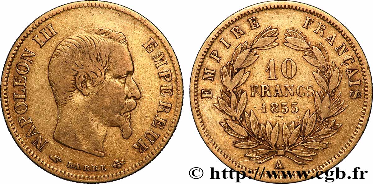 10 francs or Napoléon III, tête nue, grand module 1855 Paris F.506/1 TB 