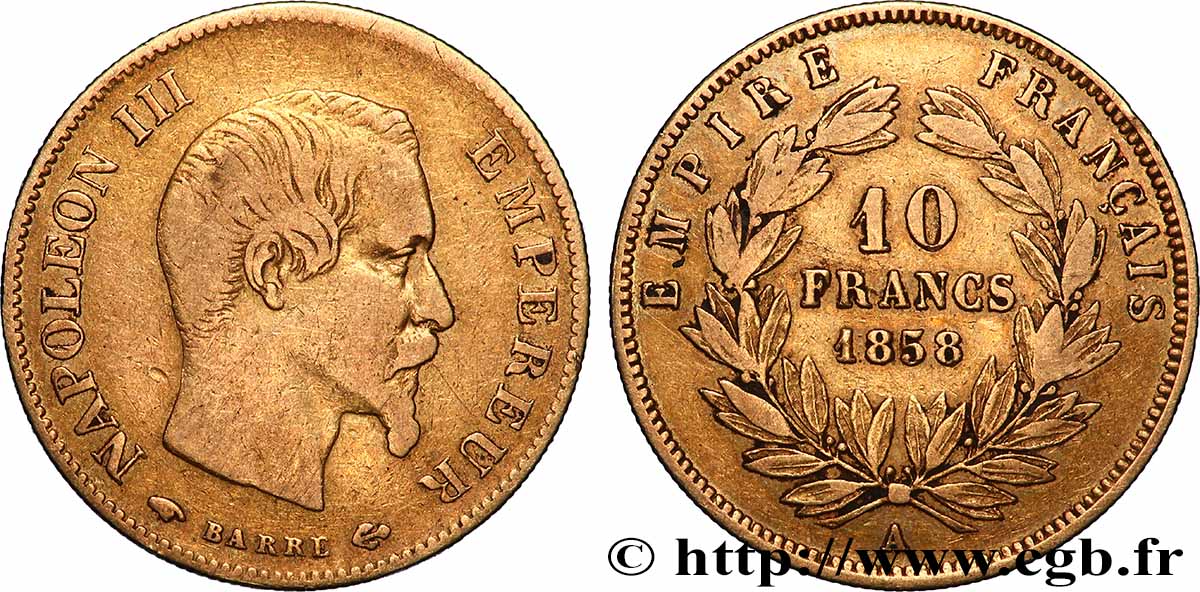 10 francs or Napoléon III, tête nue, grand module 1858 Paris F.506/5 TB 