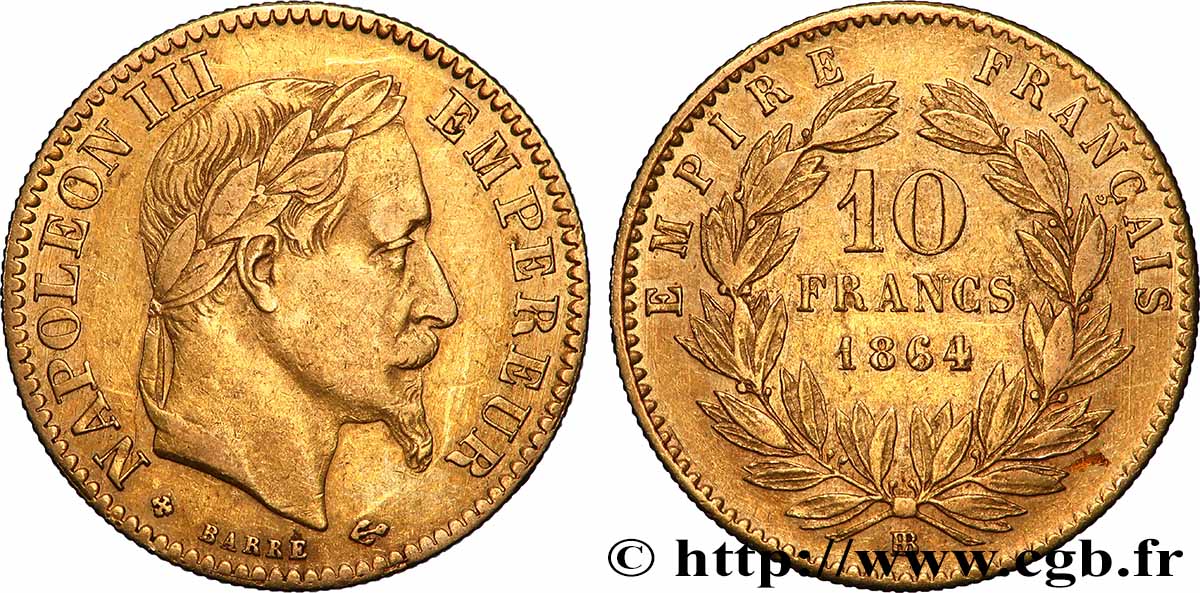 10 francs or Napoléon III, tête laurée 1864 Strasbourg F.507A/7 TB+ 