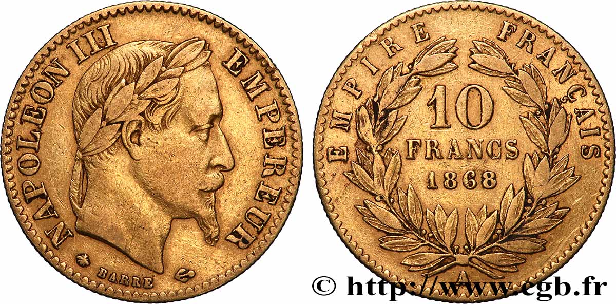 10 francs or Napoléon III, tête laurée 1868 Paris F.507A/17 TB+ 
