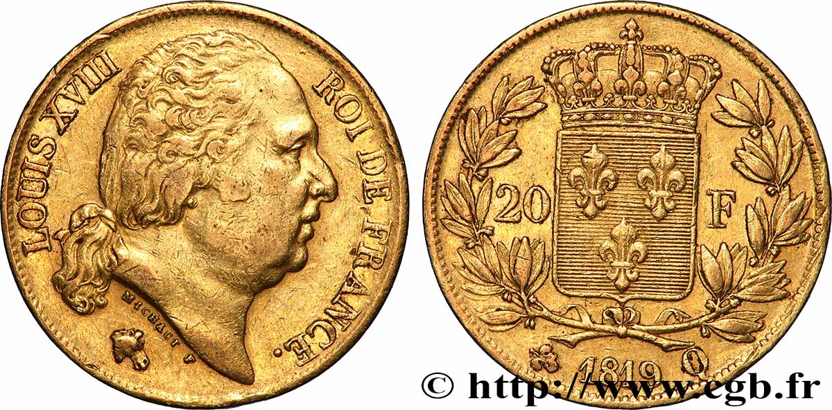 20 francs or Louis XVIII, tête nue 1819 Perpignan F.519/16 TTB 