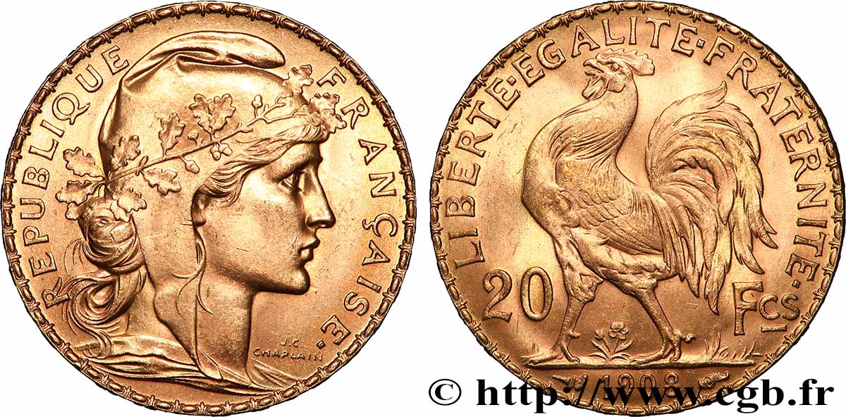 20 francs or Coq, Liberté Égalité Fraternité 1908 Paris F.535/2 SUP 