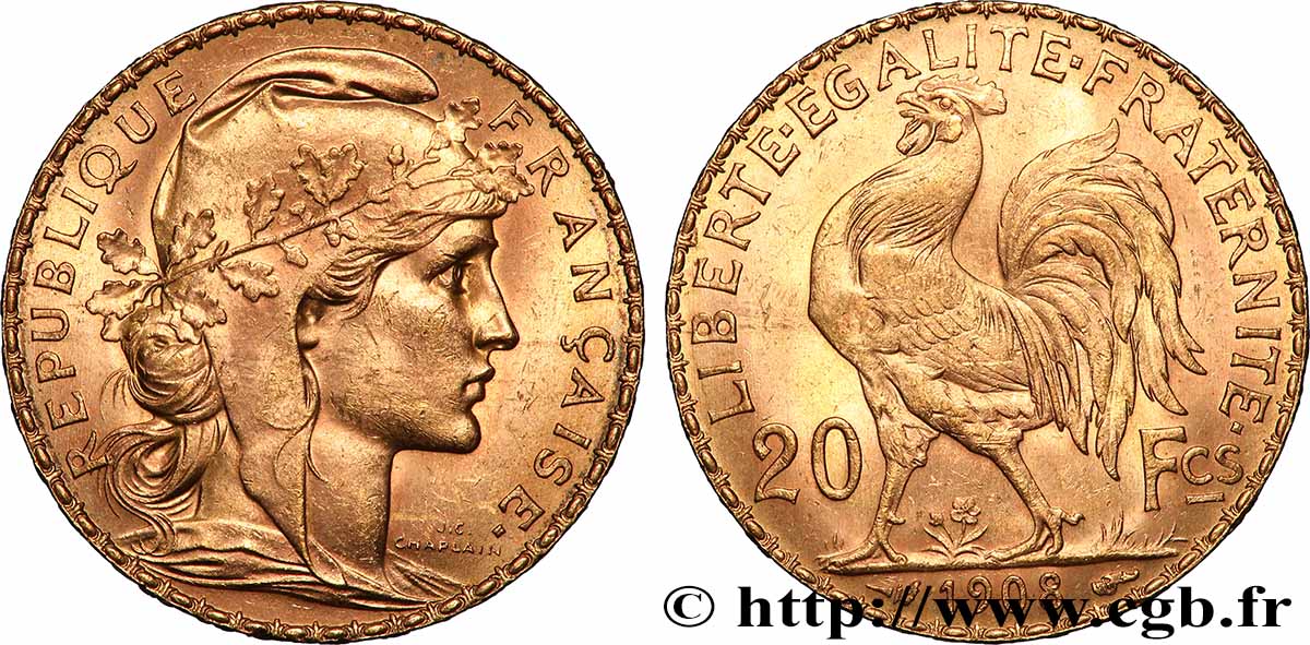 20 francs or Coq, Liberté Égalité Fraternité 1908 Paris F.535/2 TTB 