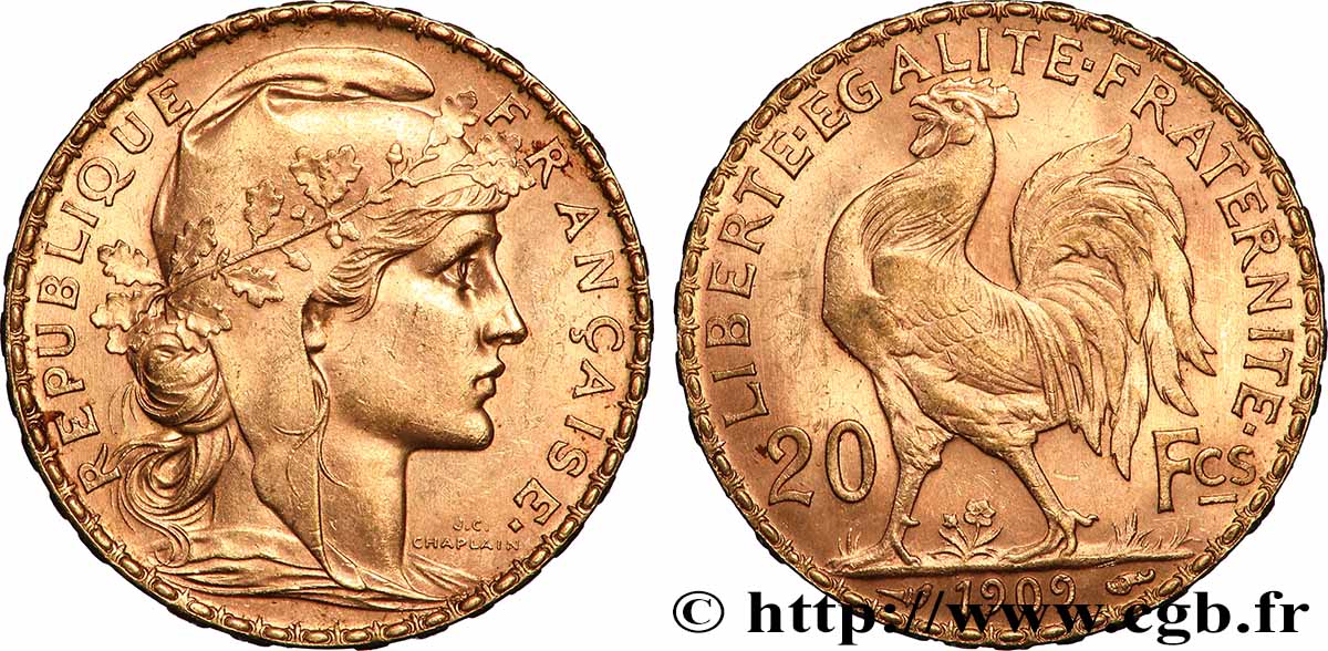 20 francs or Coq, Liberté Égalité Fraternité 1909 Paris F.535/3 TTB 