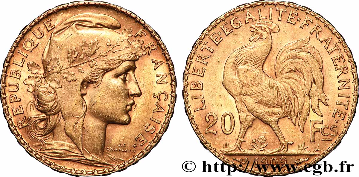 20 francs or Coq, Liberté Égalité Fraternité 1909 Paris F.535/3 TTB 
