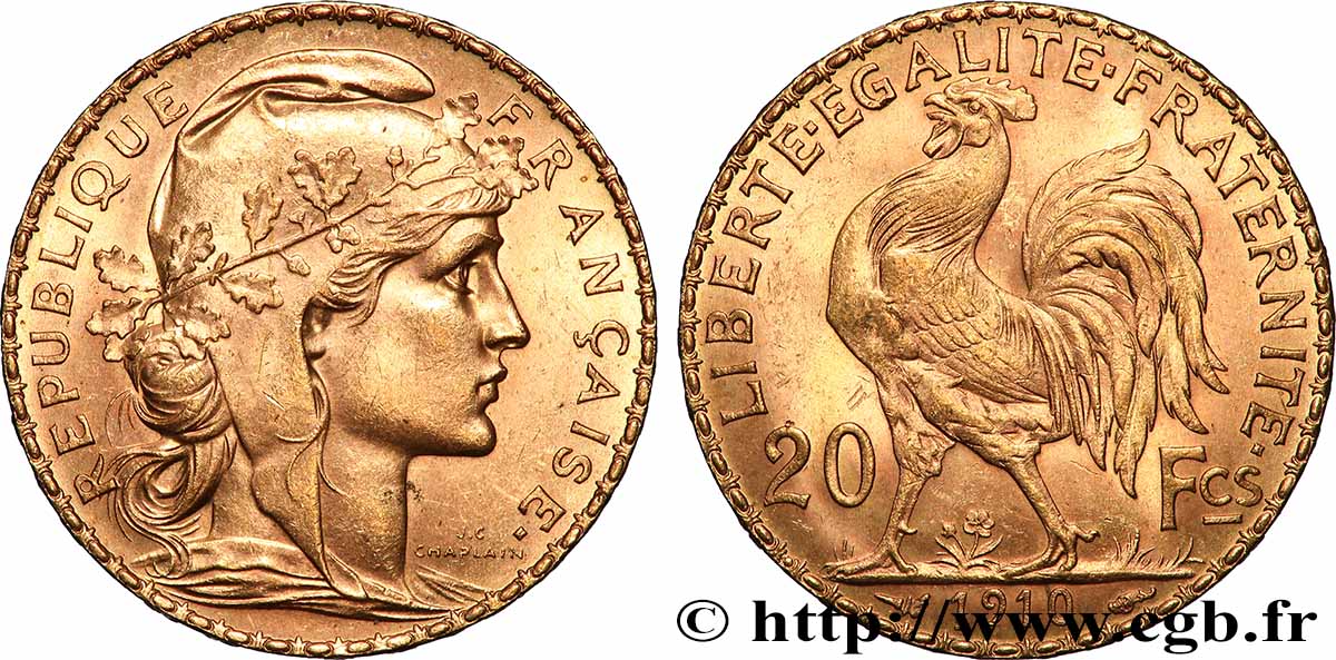 20 francs or Coq, Liberté Égalité Fraternité 1910 Paris F.535/4 TTB 