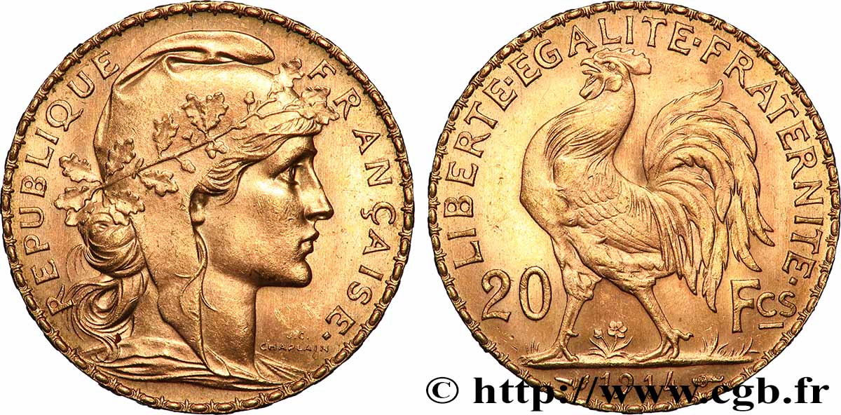 20 francs or Coq, Liberté Égalité Fraternité 1914 Paris F.535/8 SS 