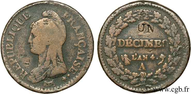 Un décime Dupré, modification du 2 décimes 1796 Paris F.127/1 TB25 