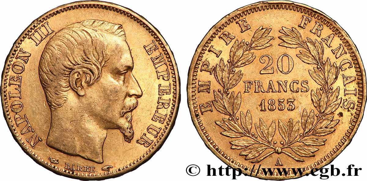 20 francs or Napoléon III, tête nue 1853 Paris F.531/1 MBC+ 