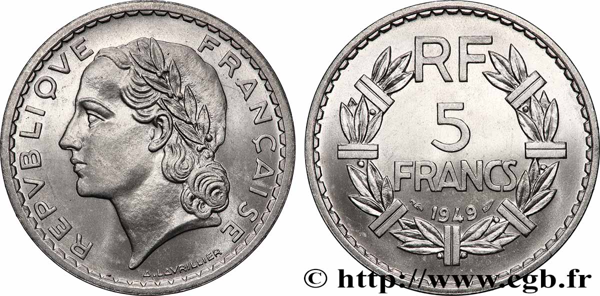 5 francs Lavrillier, aluminium 1949  F.339/17 MS64 
