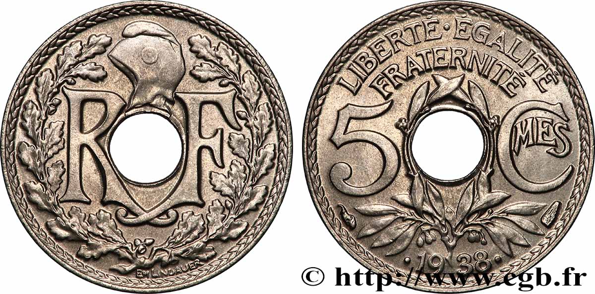 5 centimes Lindauer, maillechort 1938 Paris F.123A/2 MS66 