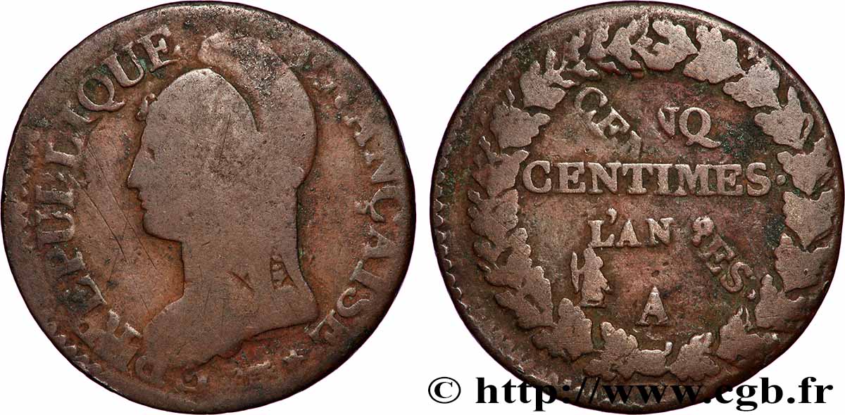 Cinq centimes Dupré, grand module, Fautée double frappe 1800 Paris F.115/85 var. VG 