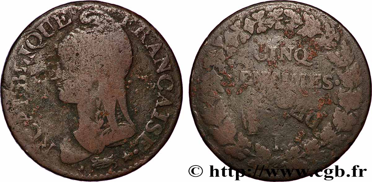 Cinq centimes Dupré, grand module, &nbsp;refrappage&nbsp; du décime 1797 Limoges F.114/8 SGE 