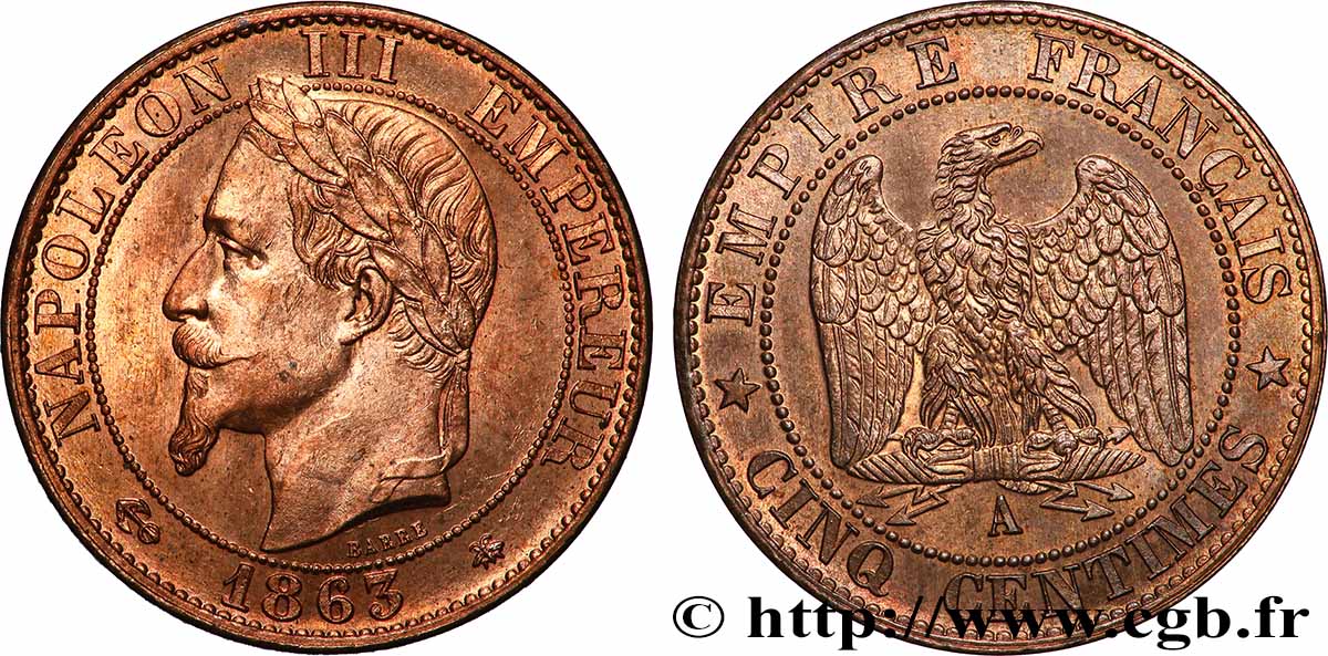 Cinq centimes Napoléon III, tête laurée 1863 Paris F.117/10 MS63 