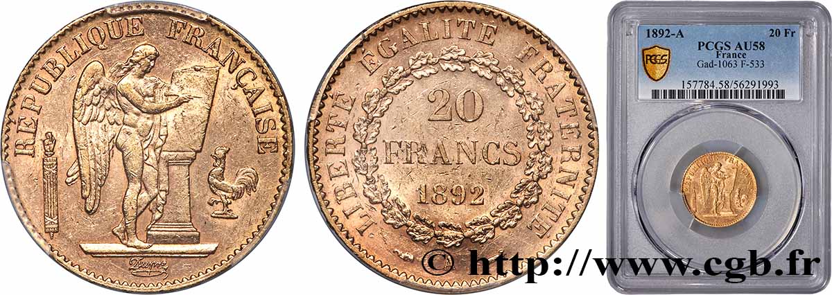 20 francs or Génie, Troisième République 1892 Paris F.533/16 AU58 PCGS