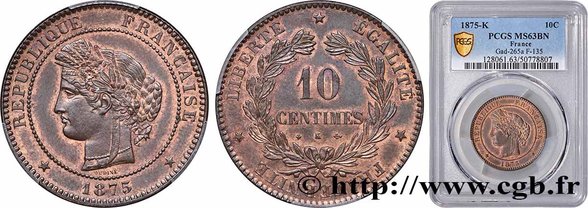 10 centimes Cérès 1875 Bordeaux F.135/15 MS63 PCGS