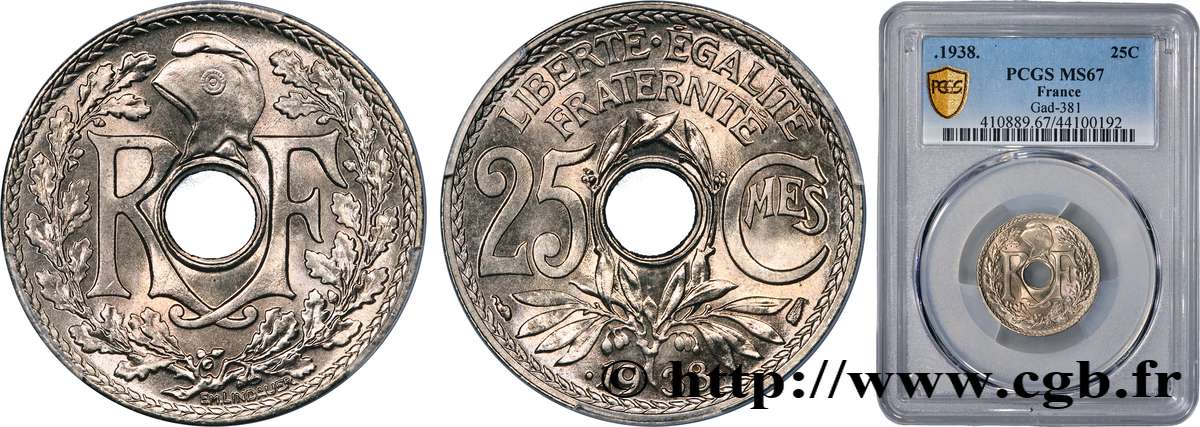 25 centimes Lindauer, maillechort 1938  F.172/2 MS67 PCGS