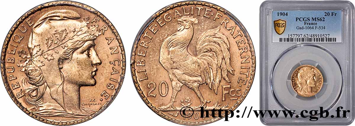 20 francs Coq, Dieu protège la France 1904 Paris F.534/9 MS62 PCGS