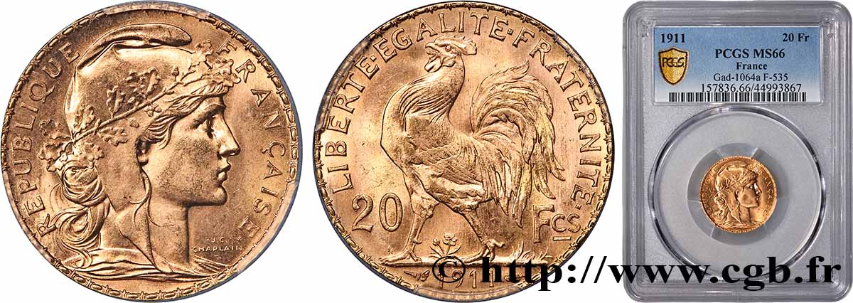 20 francs or Coq, Liberté Égalité Fraternité 1911 Paris F.535/5 MS66 PCGS