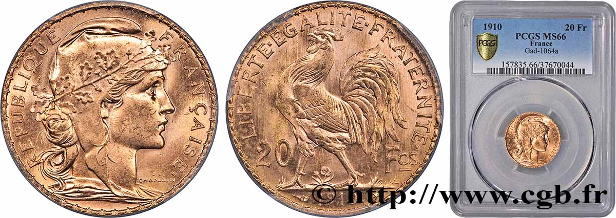 20 francs or Coq, Liberté Égalité Fraternité 1910 Paris F.535/4 MS66 PCGS