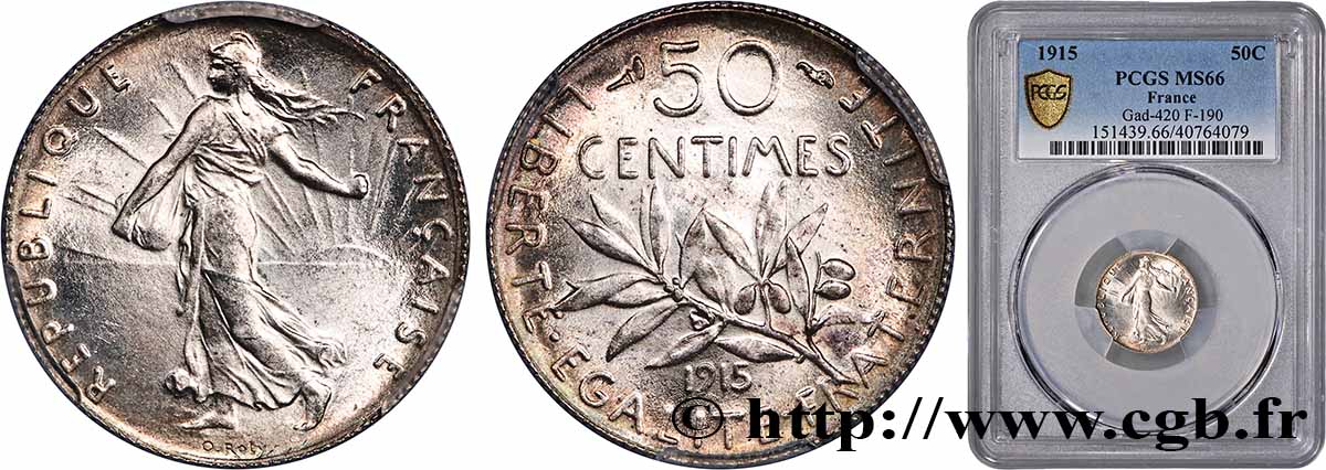 50 centimes Semeuse 1915 Paris F.190/22 MS66 PCGS