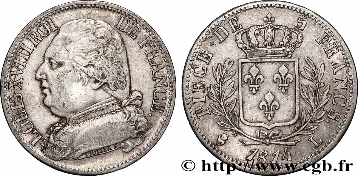 5 francs Louis XVIII, buste habillé 1814 Bayonne F.308/8 VF 