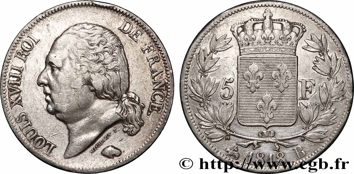 5 francs Louis XVIII, tête nue 1818 Rouen F.309/29 VF 