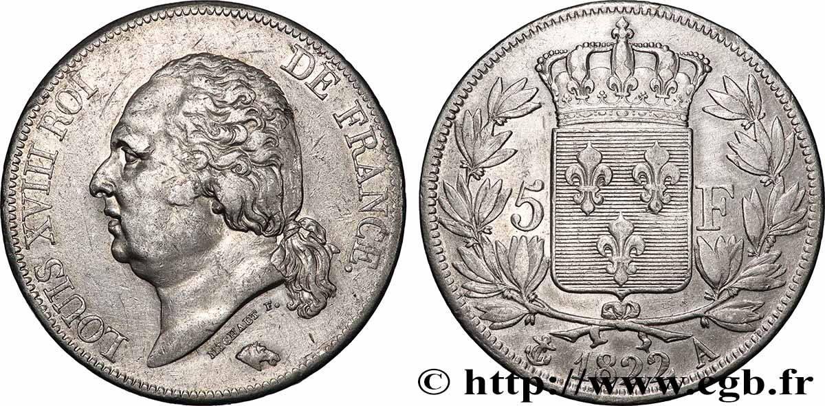 5 francs Louis XVIII, tête nue 1822 Paris F.309/68 VF 