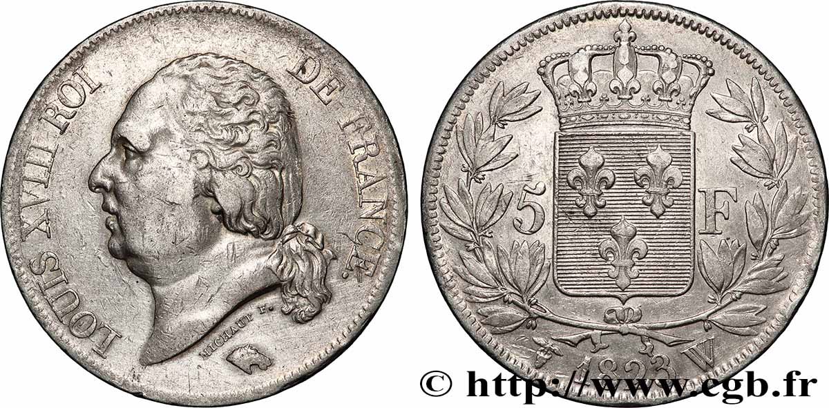 5 francs Louis XVIII, tête nue 1823 Lille F.309/87 VF 