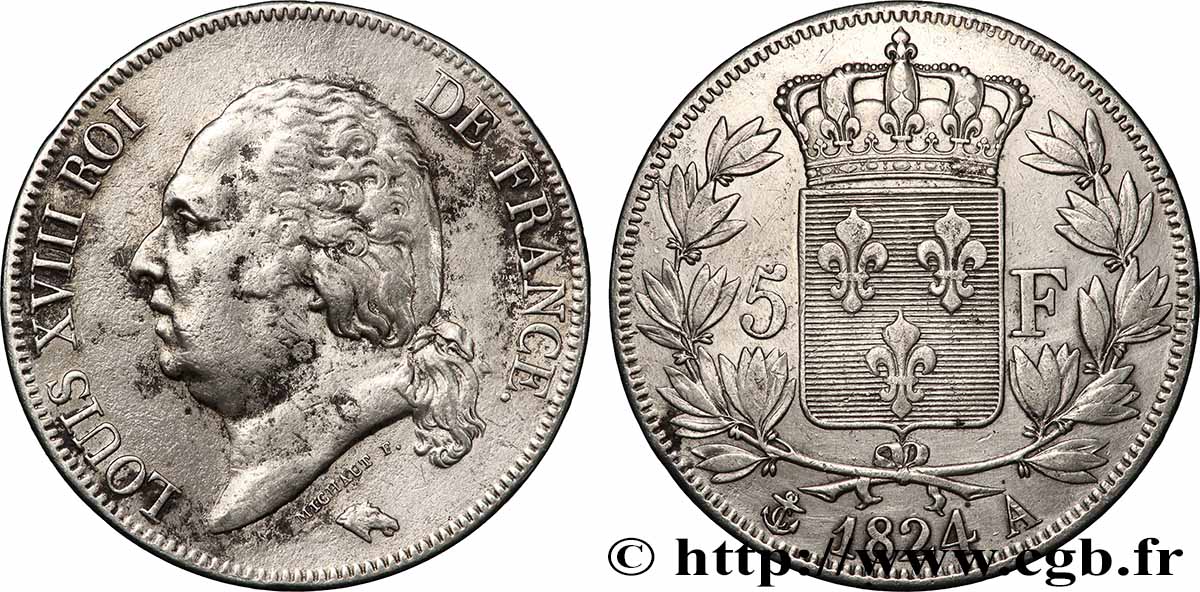 5 francs Louis XVIII, tête nue 1824 Paris F.309/88 VF 
