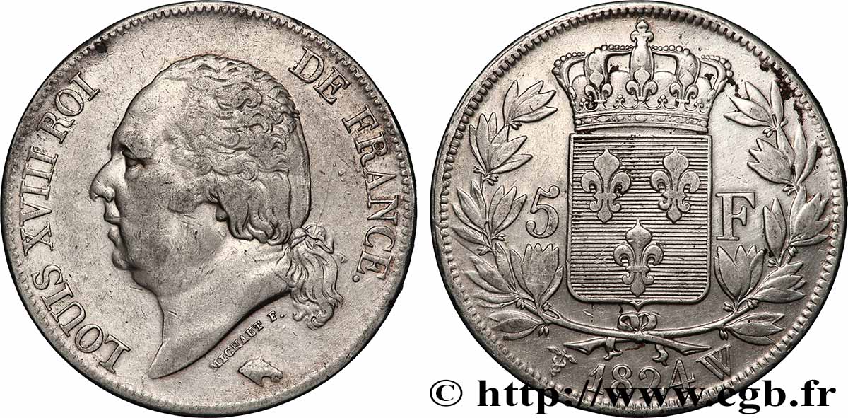 5 francs Louis XVIII, tête nue 1824 Lille F.309/98 VF 