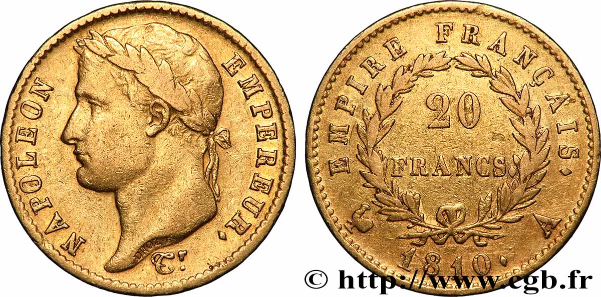 20 francs or Napoléon tête laurée, Empire français 1810 Paris F.516/9 VF 