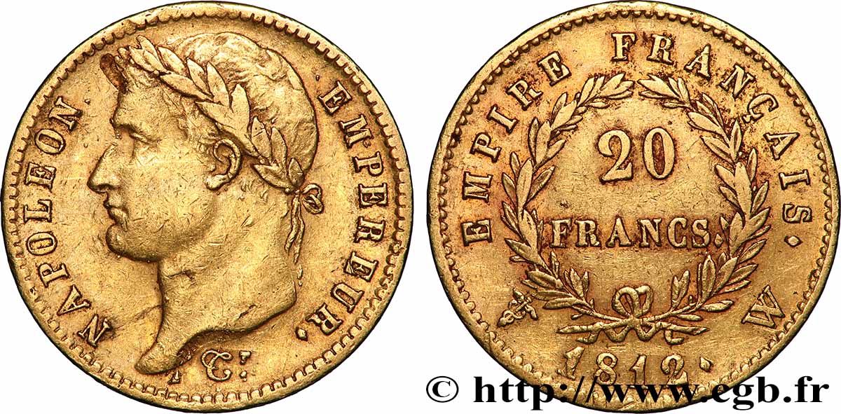 20 francs or Napoléon tête laurée, Empire français 1812 Lille F.516/29 XF 