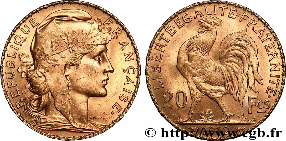 20 francs or Coq, Liberté Égalité Fraternité 1912 Paris F.535/6 MS 