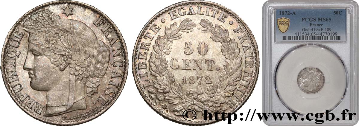 50 centimes Cérès, IIIe République 1872 Paris F.189/3 SUP60 
