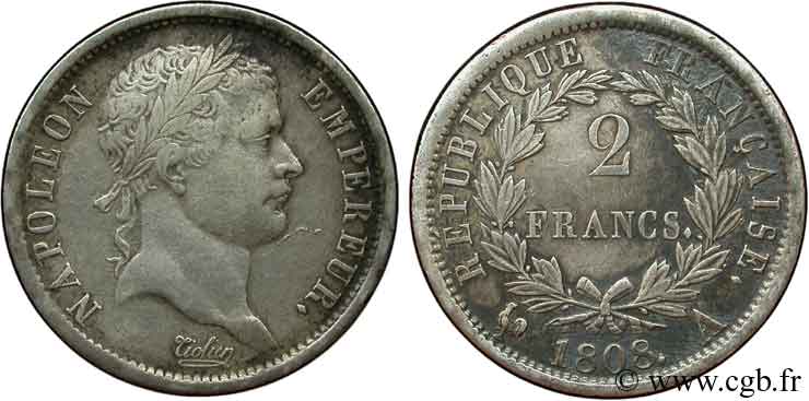 2 francs Napoléon Ier tête laurée, République française 1808 Paris F.254/4 XF48 