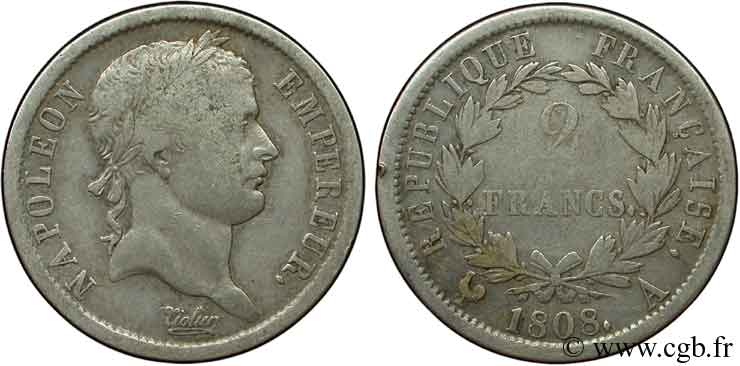 2 francs Napoléon Ier tête laurée, République française 1808 Paris F.254/4 VF30 