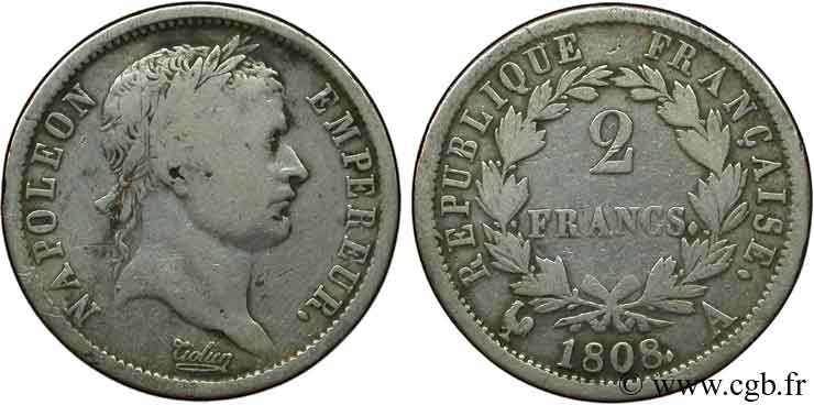2 francs Napoléon Ier tête laurée, République française 1808 Paris F.254/4 VF23 