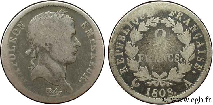 2 francs Napoléon Ier tête laurée, République française 1808 Paris F.254/4 VG10 
