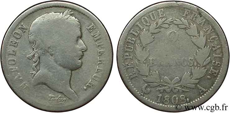 2 francs Napoléon Ier tête laurée, République française 1808 Paris F.254/4 VG8 