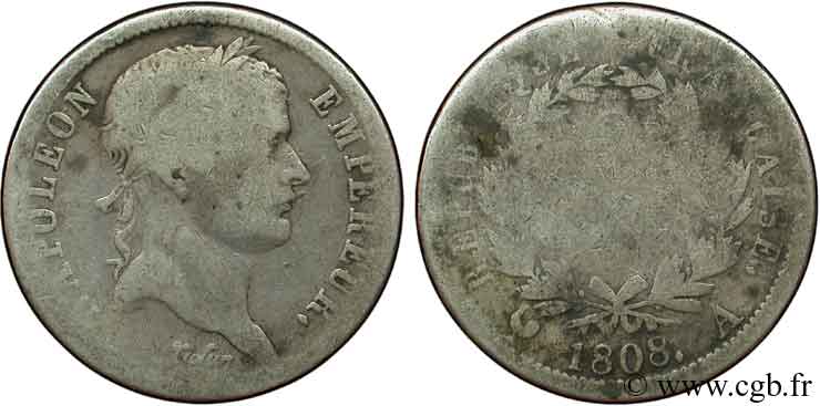 2 francs Napoléon Ier tête laurée, République française 1808 Paris F.254/4 G6 