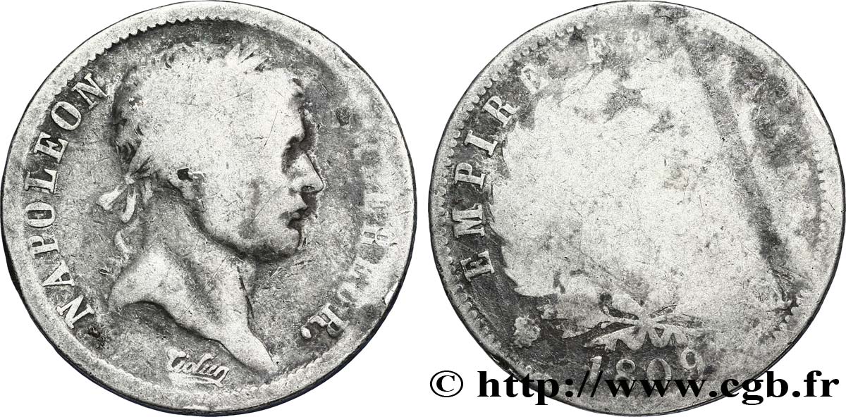 2 francs Napoléon Ier tête laurée, Empire français 1809 Perpignan F.255/7 AB5 