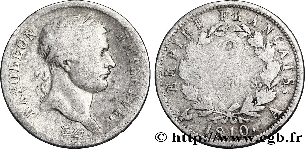 2 francs Napoléon Ier tête laurée, Empire français 1810 Paris F.255/10 B8 