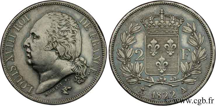 2 francs Louis XVIII 1822 Paris F.257/36 MBC50 