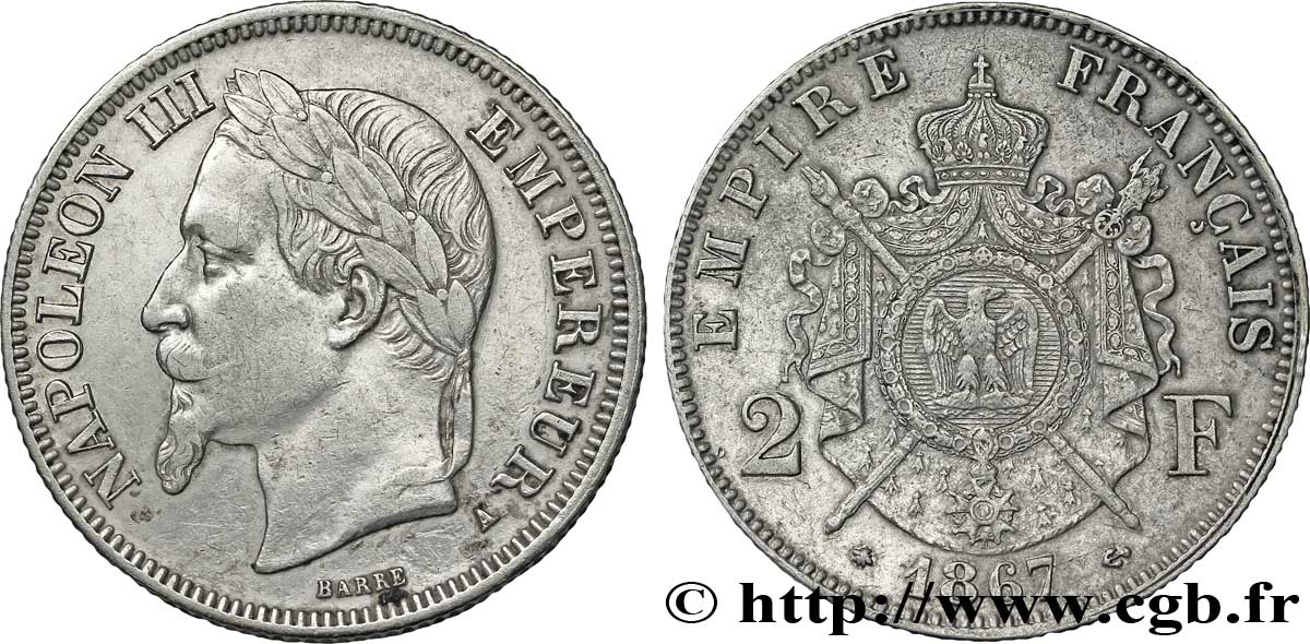 2 francs Napoléon III, tête laurée 1867 Paris F.263/5 TTB50 